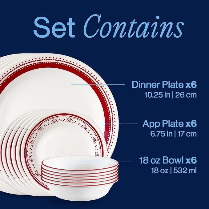 Corelle Everyday 18-PC Dinnerware Set Service for 6, Durable and Eco-Friendly, Higher Rim Glass Plate & Bowl Set, Microwave and Dishwasher Safe, Sadie
