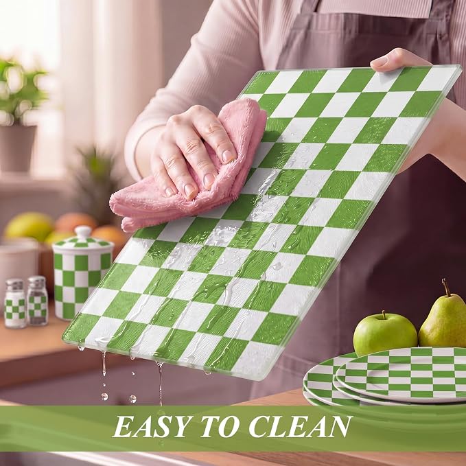Thenshop Set of 2 Tempered Glass Cutting Boards Green Check Countertop Cutting Boards Heat Resistant with Non-slip Feet for Kitchen Counter Housewarming Wedding Gift 7.9x11inch+11x15 Inch