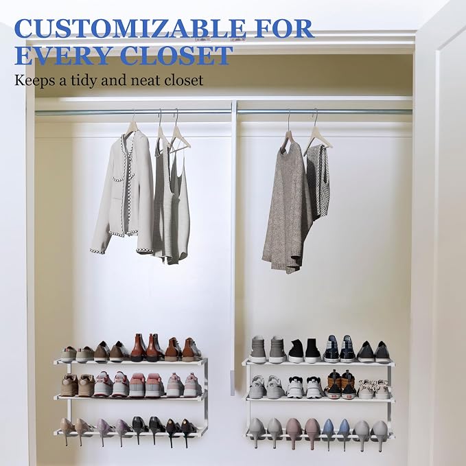 3 Pack Wall Mounted Shoe Rack, 3 Tier Hanging Shoe Rack Holds 36 Pairs, 17"-30"Adjustable Heavy Duty Metal Shoe Organizer Holder with 6 Storage Hooks, Space Saving for Closet Entryway Doorway（White)