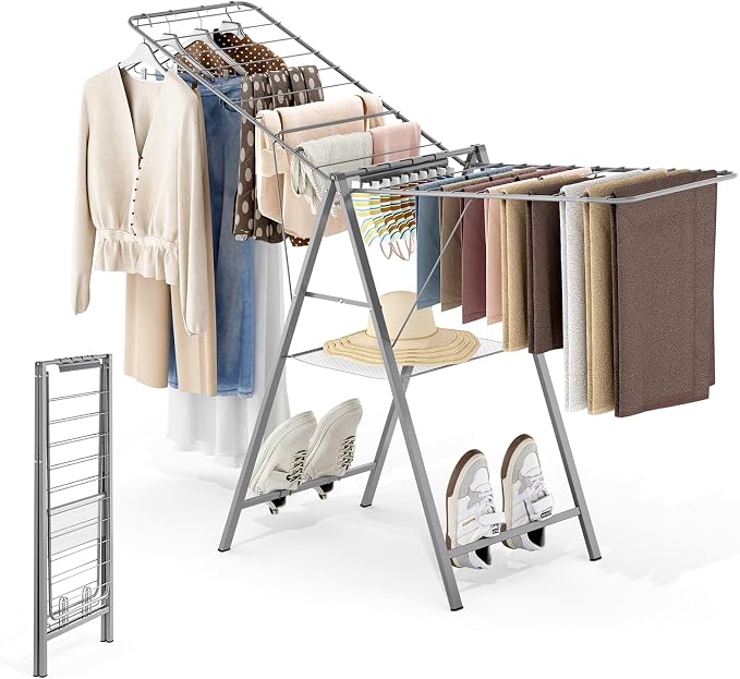 6 Height Adjustable Clothes Drying Rack with Shoe Slots, Grey | Pre-Assembled, Stable Load Structure, 22 Drying Rails, Foldable Space-Saving For Efficient Indoor & Outdoor Airflow Drying