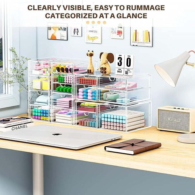 caktraie Makeup Organizer Storage With 16 Drawers, 4 Pcs Desktop Office Supplies, Desk Organizers, Clear Accessories, Dustproof Storage Drawer and for Make Up, Jewelry, Pen, Stationary