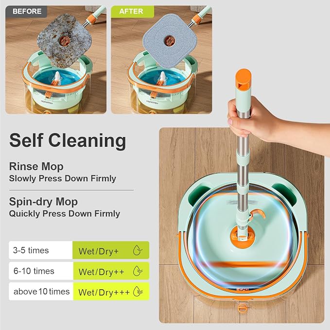 HoMettler Transparent Mop and Bucket Set | Spin Mop with Dual-Tank Clean/Dirty Water Separation | 4 Microfiber Pads | Versatile Mops for Floor Deep-Cleaning