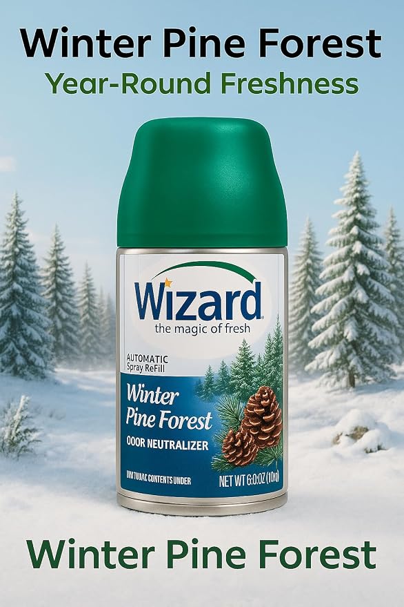 Wizard Automatic Spray Refill – Winter Pine Forest, 5 oz (12 Pack) | Compatible with Air Wick Freshmatic & Glade Dispensers | Long Lasting Odor Neutralizer for Home & Office
