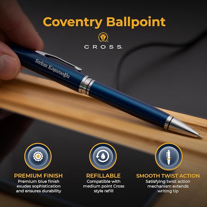 Cross Coventry Ballpoint Pen, Blue Lacquer with Chrome Trim, Custom Engraved — Graduation, Promotion, Office, or New Hire Gift