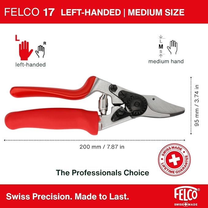 Felco F17 Pruning Shears – 7.9" Garden Clippers with Revolving Handle for Left-Handed Users | Hand Pruners for Gardening | Garden Tool Cutter with Forged Aluminum Body, Bypass & Anvil Blades