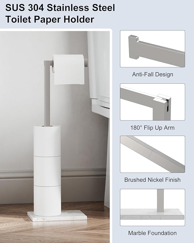 Freestanding Toilet Paper Holder Stand Brushed Nickel SUS 304 Stainless Steel Rustproof 22 Inch Rotating Bathroom Tissue Roll Holder for 4 Rolls with Marble Base by HOMEMYSTIQUE