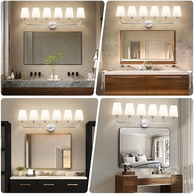 Bathroom Vanity Light, Brushed Nickel Bathroom Light Fixtures, 6-Light Lighting Fixtures Over Mirror, Modern Wall Sconce with Flared White Fabric Shade, E26 Socket(ETL Listed)