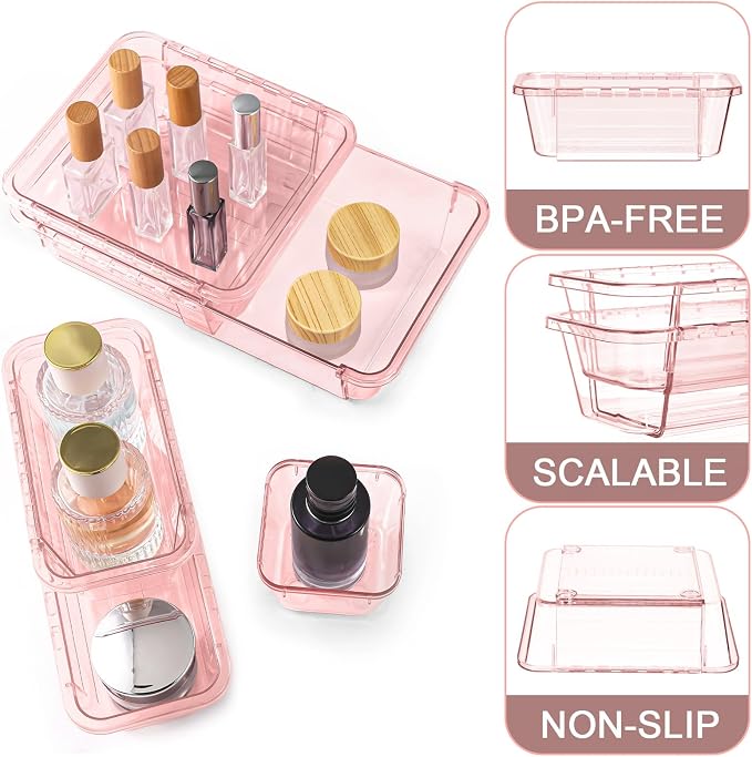 25 Pcs Clear Drawer Organizer, Adjustable Drawer Storage Box, 3-Size Desk Drawer Organizer, Acrylic Storage Bins for Makeup, Kitchen Utensils, Bedroom Dressers Tool Organizer for Gadgets, Pink