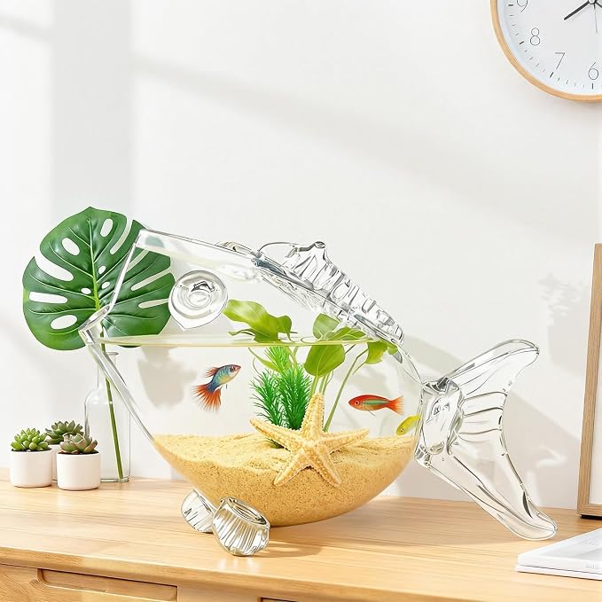 Thick-Walled,high-Transparency Glass Fish Tank,Small Fish-Shaped Fish Tank | Unique Fish Design, Clear Glass Material, Desktop Decor, Open Top Bowl, Home & Office Use