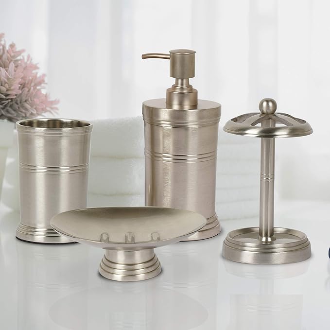 nu steel DR-3456-SET4 Dual Ridge Collection Bathroom Accessories, 4 Bath Set Including Soap Dish, Lotion Dispenser, Tumbler Mug, Toothbrush Holder, Brushed Pewter Finish, 4 Piece