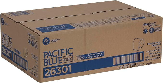 Pacific Blue Basic by Georgia-Pacific PRO Recycled Hardwound Paper Towel Rolls, Brown, 800 Feet Per Roll, 6 Rolls Per Case, 26301 | 1-Ply, Brown, Hardwound Roll, 40% Post-Consumer Fiber, Nonperforated Continuous, Dispenser Compatible, For Hand Drying
