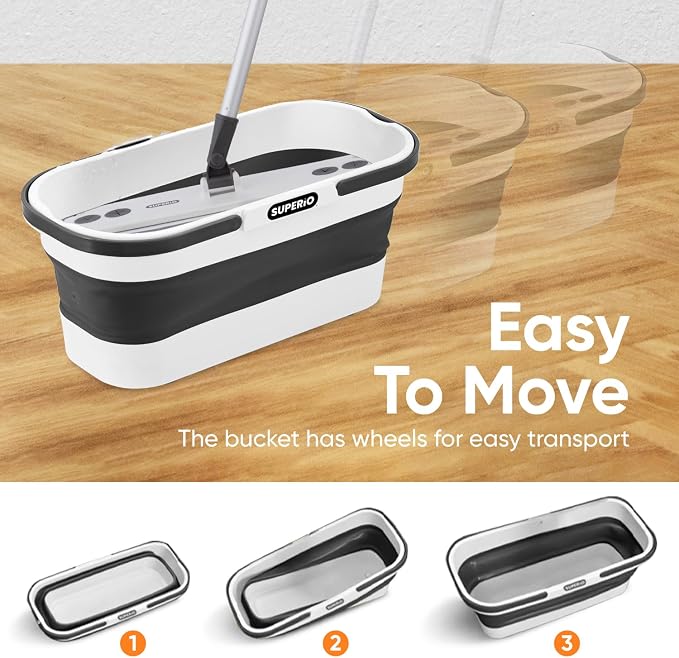Superio Miracle Mop with Telescopic Handle & Microfiber Pad, Fold N Go 10L Collapsible Mop Bucket with Wheels - Portable Cleaning Set for Vinyl, Tile, Hardwood & More - Grey
