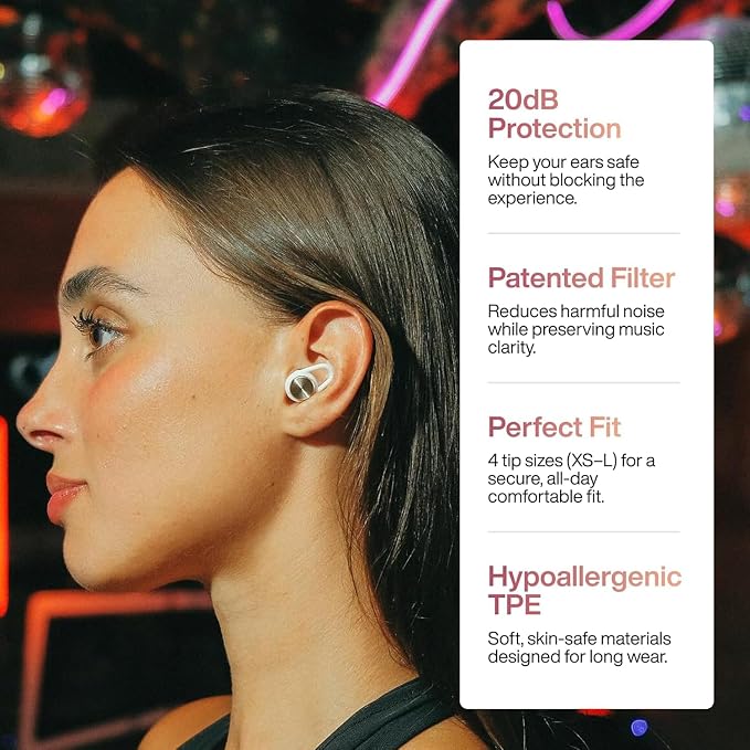 Hears One Ear Plugs for Noise Reduction - Patented Reusable Concert Earplugs, 20dB SNR Sound Reduction, Hypoallergenic for Musicians, Motorcycle and Sleeping with 4 tip Sizes – Cabana Pink