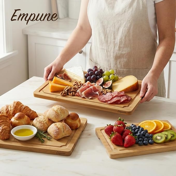 Extra Large Cutting Board Set of 3, Bamboo Cutting Boards for Kitchen with Juice Groove and Handles Kitchen Chopping Board for Meat Cheese board Heavy Duty Serving Tray, Empune