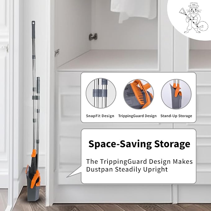 Tiumso Broom and Dustpan Set with 51'' Long Handle, Upright Broom and Dustpan Combo for Home Kitchen Office Restaurant Garage Lobby Dog Cat Pets Hair - Grey and Orange