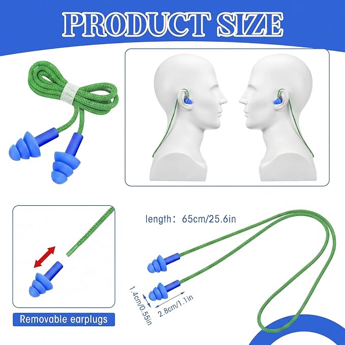 Relaxweex 500 Pairs Corded Ear Plugs Bulk 25dB NRR Reusable Silicone Ear Plug with String Individually Wrapped Earplugs for Sleeping Noise Reduction Hearing Protection Shooting Work (Green Blue)