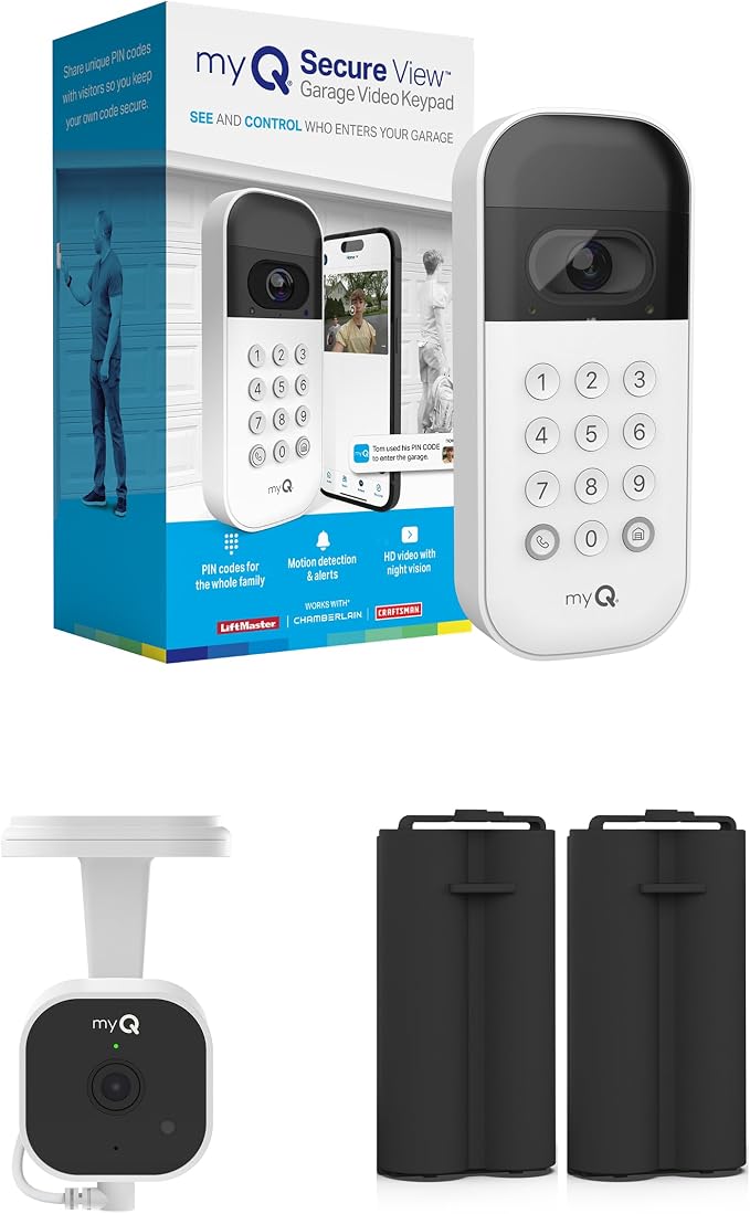 myQ Smart Garage Starter Kit: Garage Door Video Keypad + Rechargeable Battery + Wi-Fi Plug-in 2K Camera, Custom PIN Codes, Wide-Angle Lens, Night Vision, 2-Way Audio, Motion Alerts and App Control