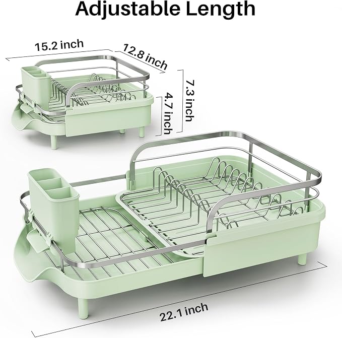 SNTD Dish Drying Rack, Expandable Dish Rack for Kitchen Counter, Stainless Steel Dish Drainer with Drainboard Set and Utensil Holder (Green)