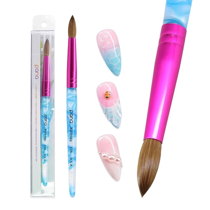 PANA USA Acrylic Nail Brush Pure Kolinsky Hair Acrylic White Swirl Blue Handle with Pink Ferrule Round Shaped - Size 12