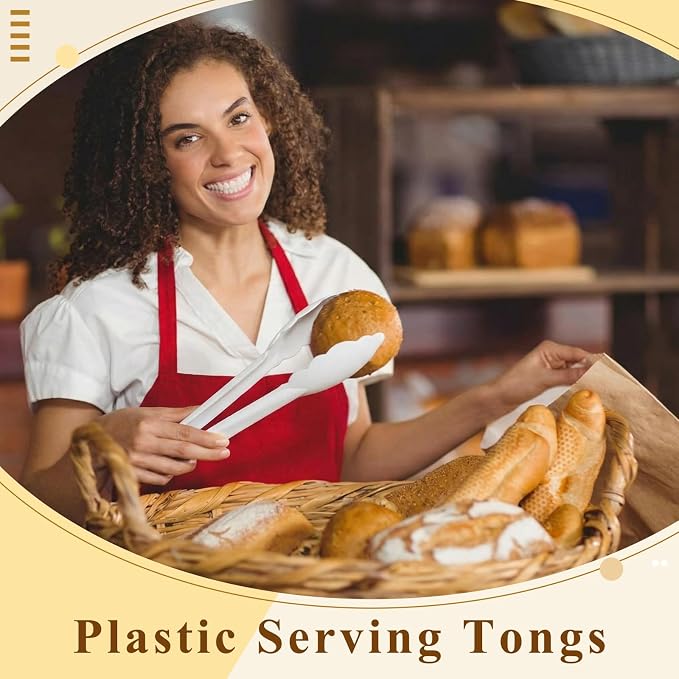 Tessco for you 25 Pcs Plastic Tongs for Serving Bulk, 9 Inch Plastic Disposable Serving Tongs, Heavy Duty Salad Tong for Kitchen, Buffet, BBQ, Events & Catering (White)