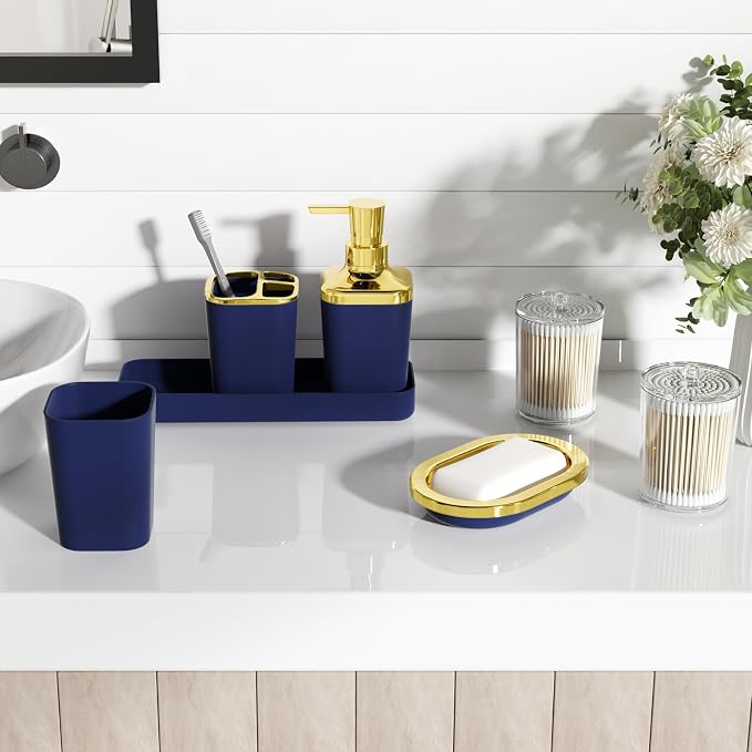 XLHOMO Bathroom Set, 9PC Bathroom Accessory Set, Blue Bathroom Accessories, Blue Bathroom Set, Trash Can, Soap Dispenser for Home Decor