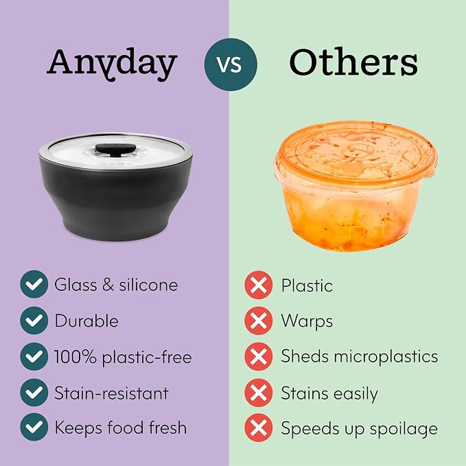 Anyday 4-Piece Medium Glass Food Storage with Lids (Onyx) | Plastic-Free Meal Prep, Microwave Cookware, Stackable Airtight Storage Container, Vented Lid, Microwave-Safe Reheating