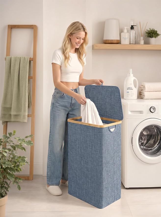 iEGrow Laundry Basket with Lid, 110L Large Laundry Hamper with Banboo Handle, Dirty Clothes Hamper with Removable Inner Bag for Laundry Room Organization- Blue