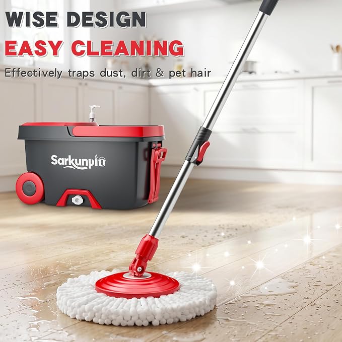 Mop and Bucket Set with 6 Replacement Microfiber Heads, Dark Grey | Spin mop with wringer, 61-inch extra-long handle, spinning mopping floor cleaning system for home floors