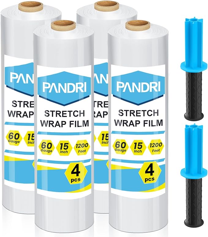 Stretch Film, PANDRI 4 Rolls Stretch Wrap with Handles Industrial Strength, Clear Shrink Wrap, Plastic Wrap for Moving Pallet Wrap, 15" x 1200 Ft Per Roll, 60 Ga, 2 Handles