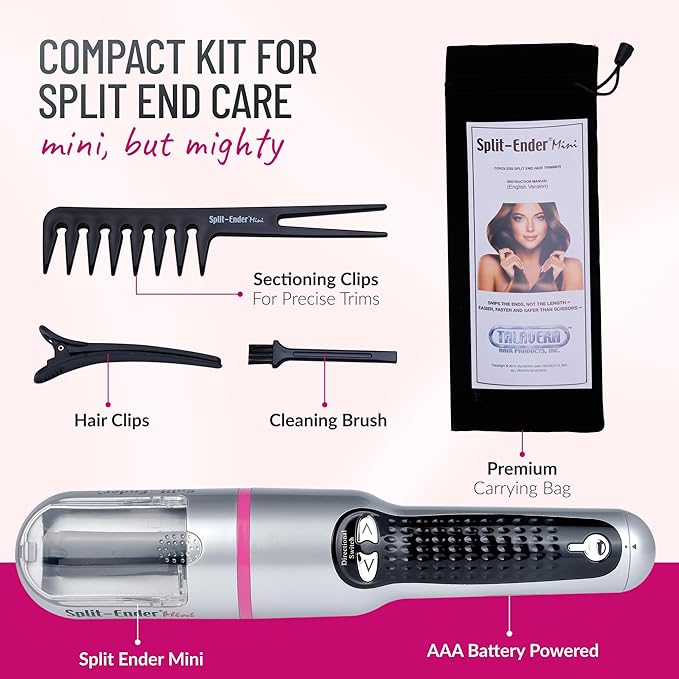 Split Ender Mini – Original Cordless Split End Hair Trimmer for Dry, Damaged, Brittle, Broken, Curly, Frizzy, or Straight Hair – Battery Operated (3 AAA) – At Home Hair Care & Styling Tool – Pink
