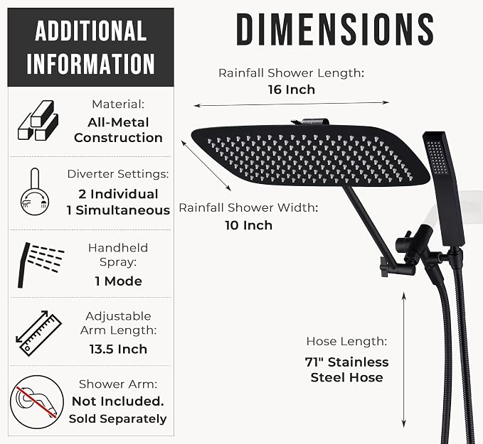 G-Promise All Metal 16 Inch Dual Square Shower Head with Handheld Spray Combo, Rain Shower Head, Adjustable Extension Arm, 3-Way Diverter, 71 Inch Extra Long Hose - A Bathroom Upgrade (Matte Black)