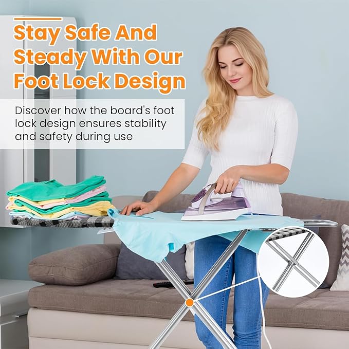 Jakeefud Ironing Board 13" X 43" W/Extra Thick Heavy Duty Padded Cover, Height Adjustable,Heat & Scorch Resistant Fabric, Anti-Skid Feet, Extra Wide, Easy to Fold Checkered Gray