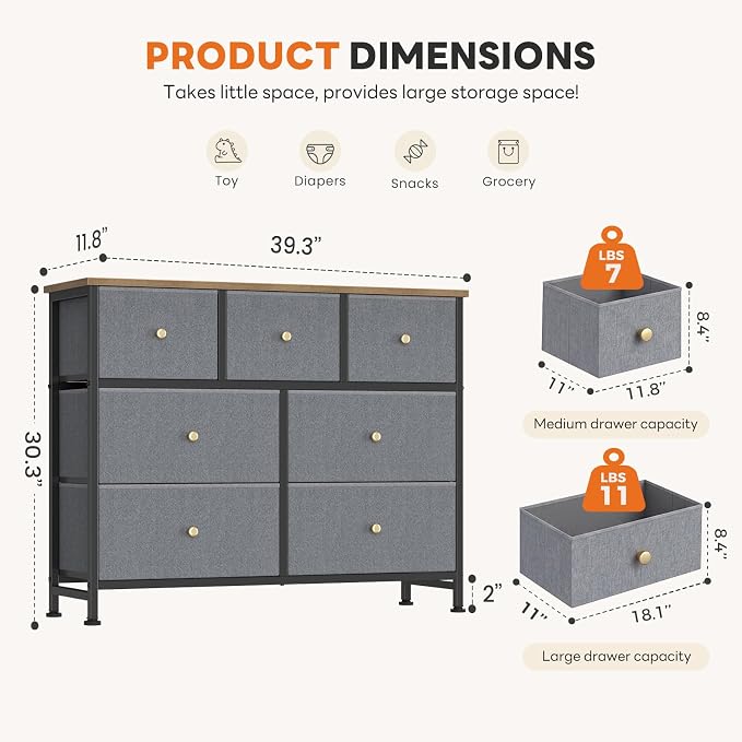 Sweetcrispy 7 Drawer Dresser with Fabric Bins, Fabric Storage Tower Organizer for Bedroom, Closet, Hallway, Entryway, Tall Chest of Drawers with Steel Frame, Wood Top, Large Storage, Gray Blue