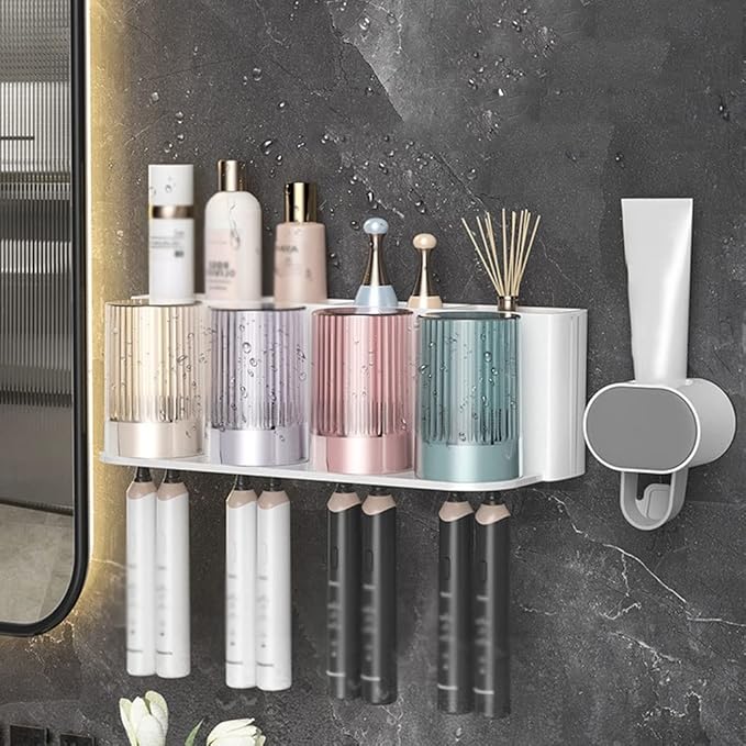 Toothbrush Rack 2PCS Wall Mounted Toothbrush Holder Storage Rack with Mouthwash Cup Automatic Toothpaste Dispenser Squeeze Kit Bathroom Toothbrush Holder(E)