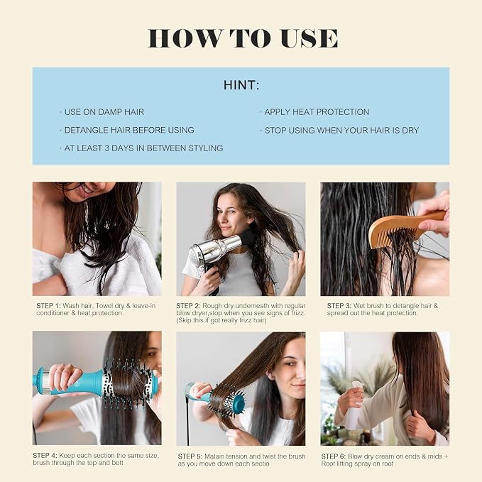 Travel Size Mini Hot Air Dryer Straightener & Curler Brush, Dual Voltage 2-Inch Nano Titanium Blowout Styler Volumizer Tool, European Blow Dryer Brush with Universal Adapter