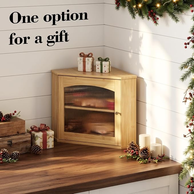 LAMU Corner Bread Box for Kitchen Countertop, Bamboo Wood Bread Storage | 2-Tier Storage Bin with Magnetic Acrylic Door, Large Capacity Organizer for Homemade Bread, Coffee, Fruit & Spices, Bamboo