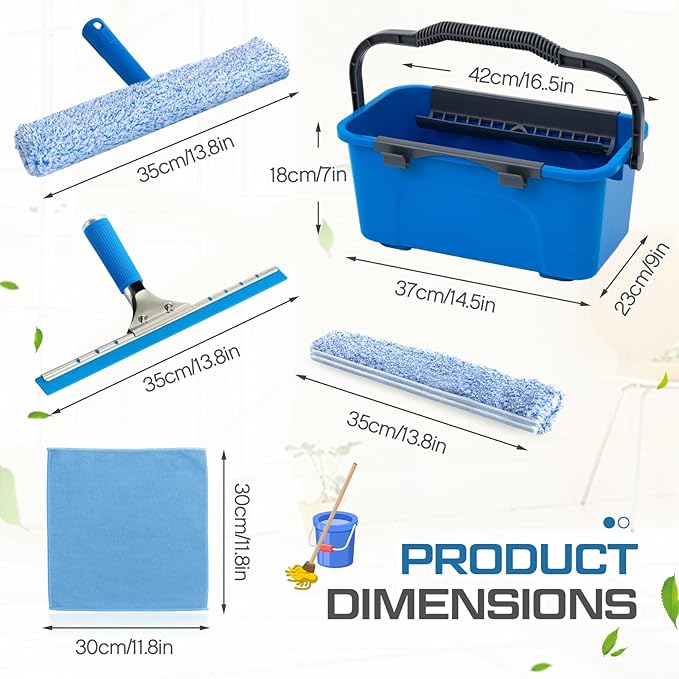 2 Set 14 Pcs Professional Window Cleaning Kit, 3 Gallon Bucket, 14" Squeegee, 14" Microfiber Scrubber, Cloth, Window Washing Equipment Cleaner Tool for Outdoor Commercial Household, Home, Car