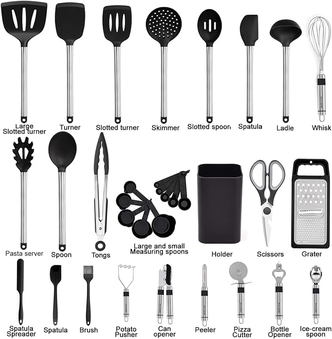 Kitchen Utensil Set-Silicone Cooking Utensils-33 Kitchen Gadgets & Spoons for Nonstick Cookware-Silicone and Stainless Steel Spatula Set-Best Kitchen Tools, Useful Pots and Pans Accessories