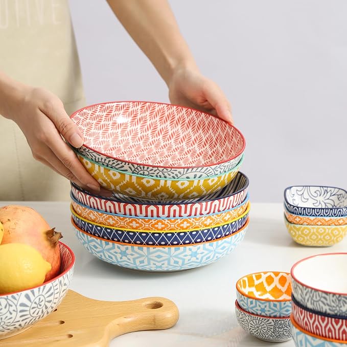 Selamica Ceramic Pasta Bowls Set 34 OZ, Large Salad & Dinner Bowls 8.6 Inch, Wide Shallow & Deep Plates for Pasta Soup, Microwave & Dishwasher Safe, Set of 6, Assorted Colors