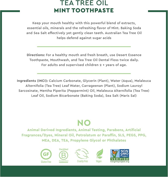 Desert Essence Tea Tree Oil Toothpaste - Mint - 6.25 Oz - Pack of 2 - Refreshing Taste - Deep Cleans Teeth & Gums - Helps Fight Plaque - Sea Salt - Pure Essential Oil - Baking Soda