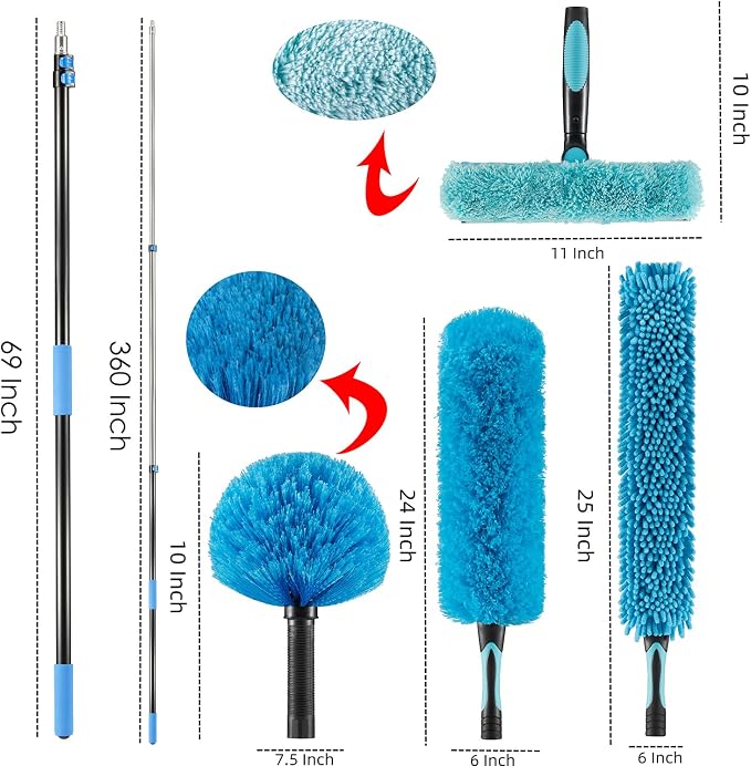 36 Foot High Ceiling Fan, Cobweb Duster with 5-30ft Extension Pole | Extendable, Reusable Feather, Window Cleaning Squeegee Kit