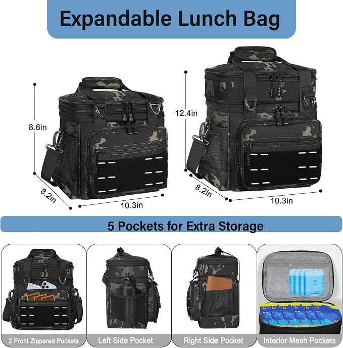 Lunch Box Cooler Bag - Insulated Tactical Lunchbox for Men - Large Lunch Pail or Adults Work Outdoor Shifts Trips Black Camo 16L