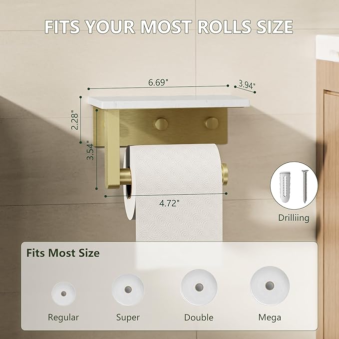 Marble Toilet Paper Holder with Shelf, Evolvegoods Brushed Gold Bathroom Toilet Paper Holder Wall Mount, 304 Stainless Steel Modern Toilet Paper Roll Holder Storage Tissue Holder
