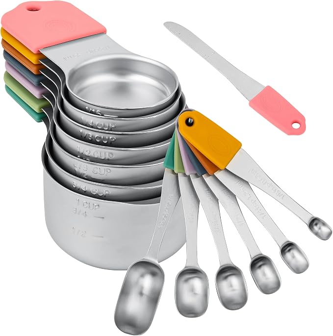 Magnetic Measuring Cups and Spoons Set 14, Stainless Steel Measuring Cups and Spoons Set for Dry & Liquid, Heavy Duty Metric Measuring cups & Spoons with Leveler for Baking & Cooking, Color