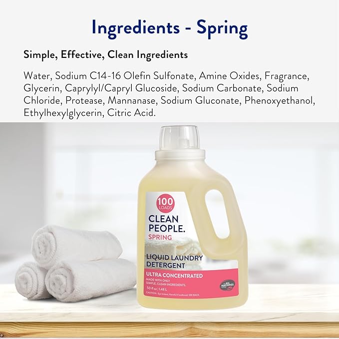 The Clean People Liquid Laundry Detergent - Recyclable Packaging, Stain Fighting - Ultra Concentrated, Laundry Soap - Spring Scent, 50 fl oz