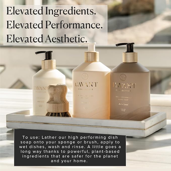 L'AVANT Collective Natural Luxury Dish Soap | Plant-Based, Non-Toxic & Grease-Cutting, Safe for Kids & Pets, Refillable Glass Bottle with Pump, 16 Fl Oz | Ambre Santal