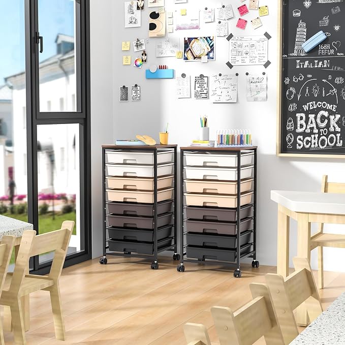 SYKIARIOL Rolling Storage Cart with Drawers, Rolling Drawer Cart and Wooden Tabletop,Storage Drawer Cart for Living Room,Classroom,Bedroom,Bathroom,Dorm,Office,Brown Gradient