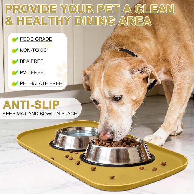 SMILOOL Waterproof Silicone Pet Food Mat with Raised Edge for Dog & Cat | 19" x 12" Non-Slip Pet Feeding Mats with Lip for Food & Water Bowl, Food Grade, Easy Cleaning, Honey