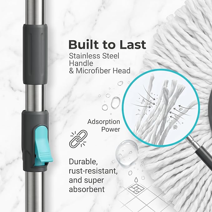 Spin Mop and Bucket Set with Telescopic Handle, Detachable Design, Hands-Free Wringing, 2 Microfiber Mop Heads,Blue/Gray