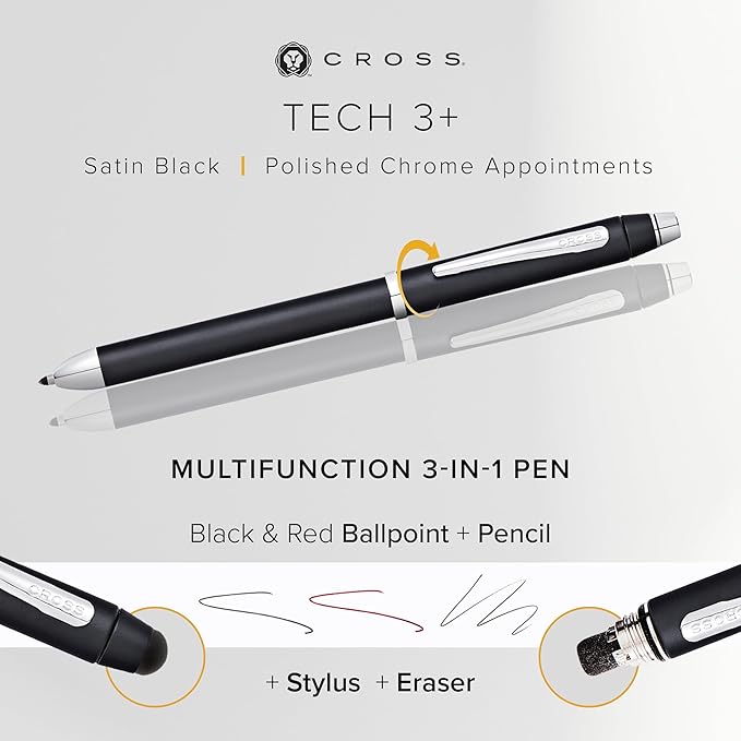 Cross Tech3+ Refillable Tech3+ Presented in a Premium Gift Box - Medium Point, Black Ink, Satin Black
